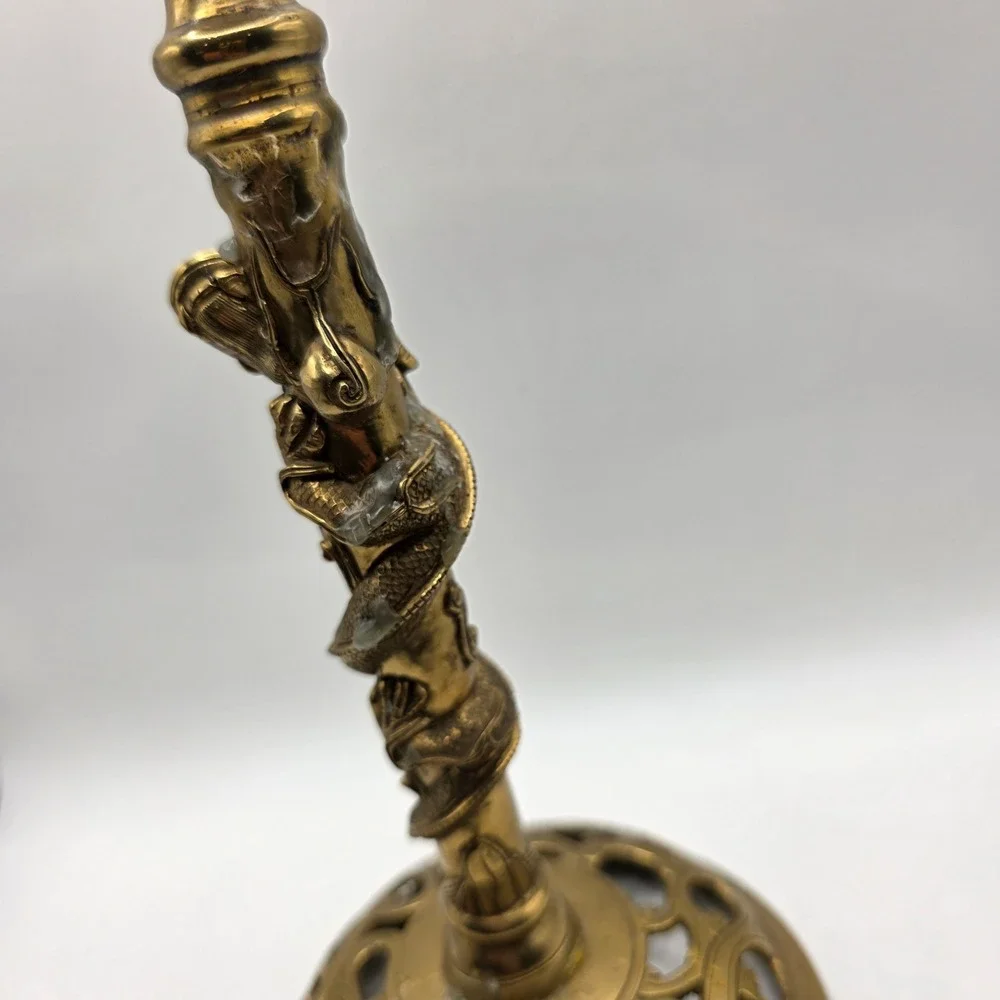 Vintage Brass Dragon Candlestick Holder Ornate Filigree Base 10 Inch Chinoiserie
